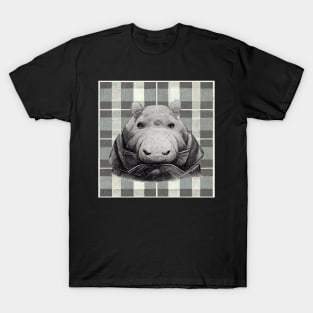 Hefty Hippopotamus in a coat, on a plaid background. T-Shirt